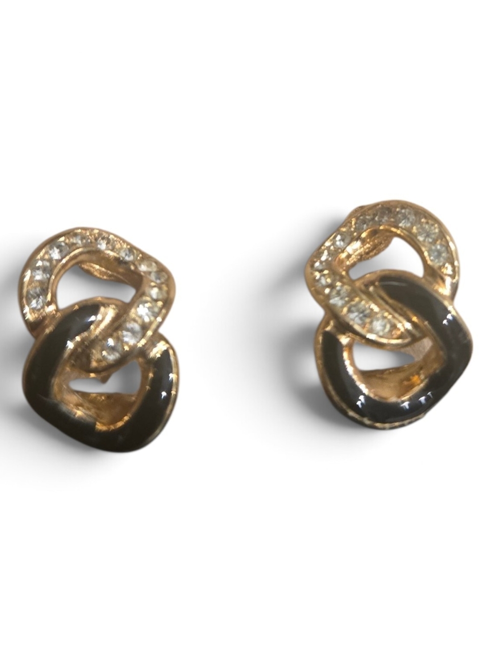 Christian Dior Gold Tone Black Enamel and Crystal Link Clip-On Earrings